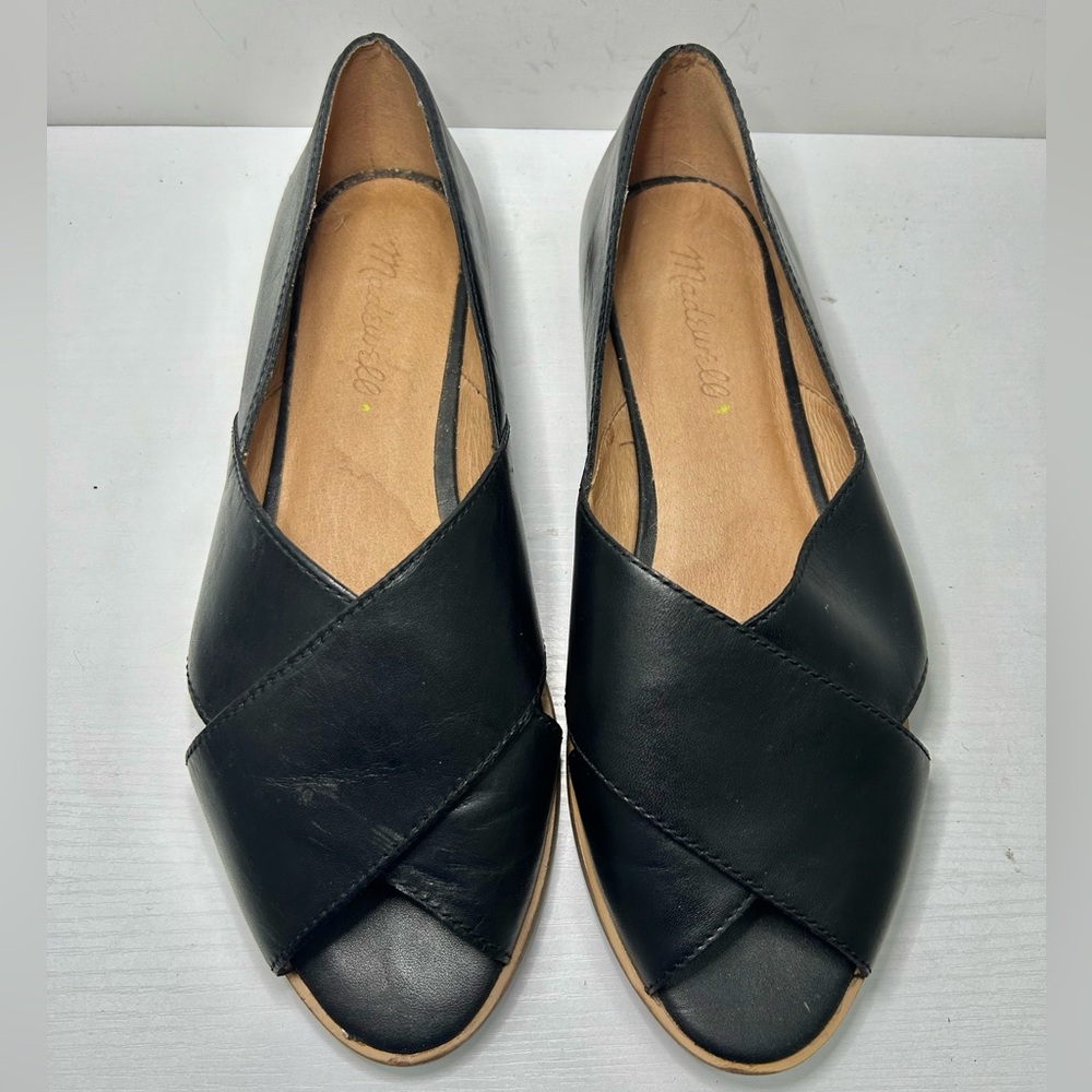 Madewell The Blaine Crisscross Flat Black Leather Open Toe Flats Size 7.5 - Picture 4 of 16